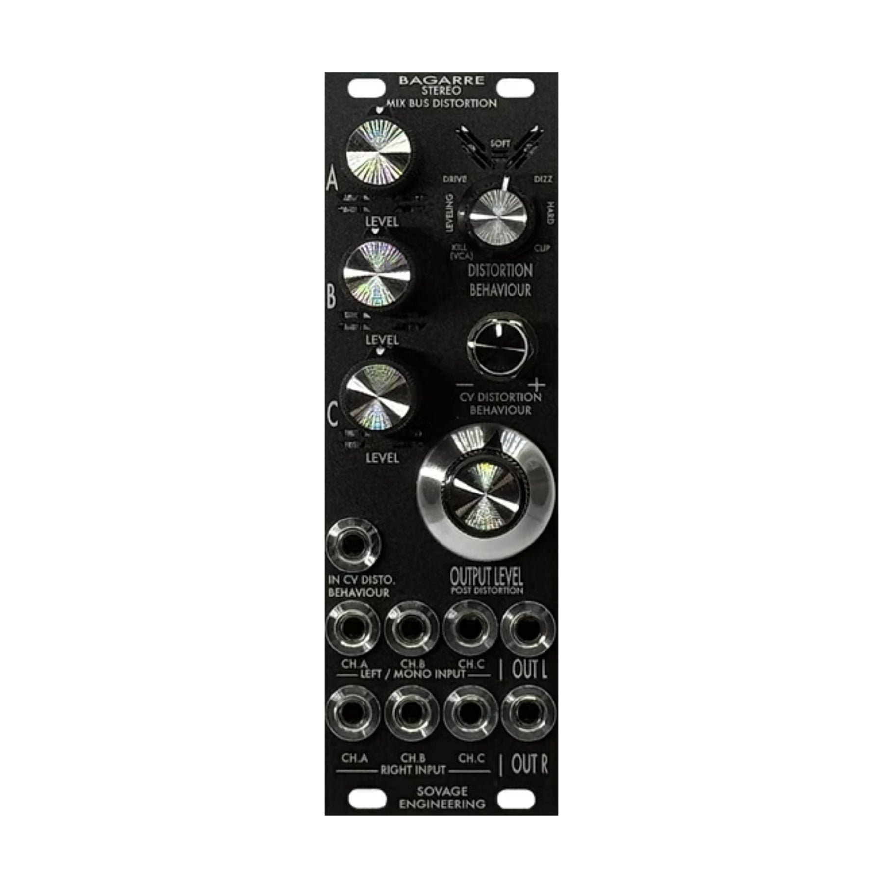 Black Eurorack module with knobs, toggle switches, and multiple 3.5mm jacks labeled for stereo mix bus distortion controls.