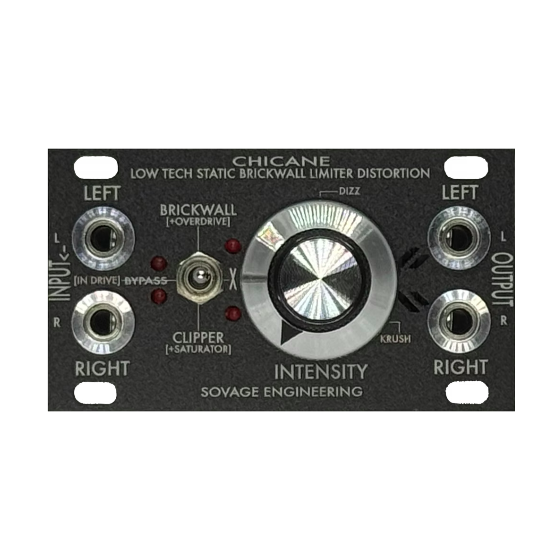 Front panel of black Sovage Engineering Chicane distortion audio module with jacks, toggle switch, and intensity knob.