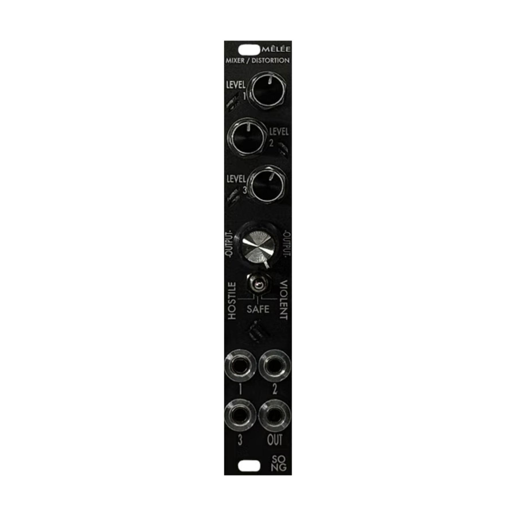 Black slim eurorack module with three level knobs, a larger output knob, toggle switch, and five 1/4 inch input/output jacks.