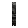 Black audio module panel with four toggle switches and four 3.5mm audio jack sockets labeled for stereo input and output.