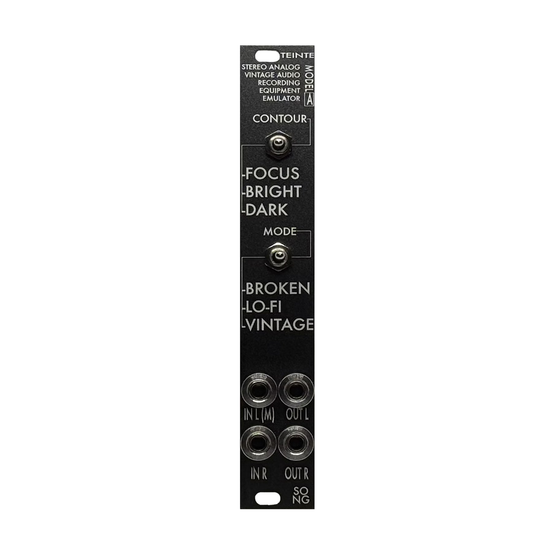 Black audio module panel with four toggle switches and four 3.5mm audio jack sockets labeled for stereo input and output.