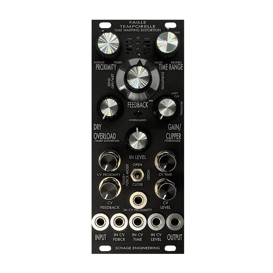 Black eurorack module with multiple knobs, jacks, and a toggle switch labeled Sovage Engineering Faille Temporelle.