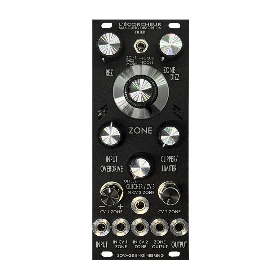 Black Sovage Engineering L'Ecorcheur eurorack module with knobs, toggle switch, and 3.5mm jacks.