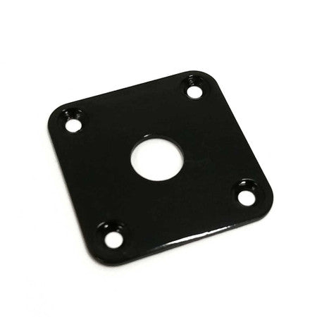 Black square metal plate with a central circular hole and four corner mounting holes.