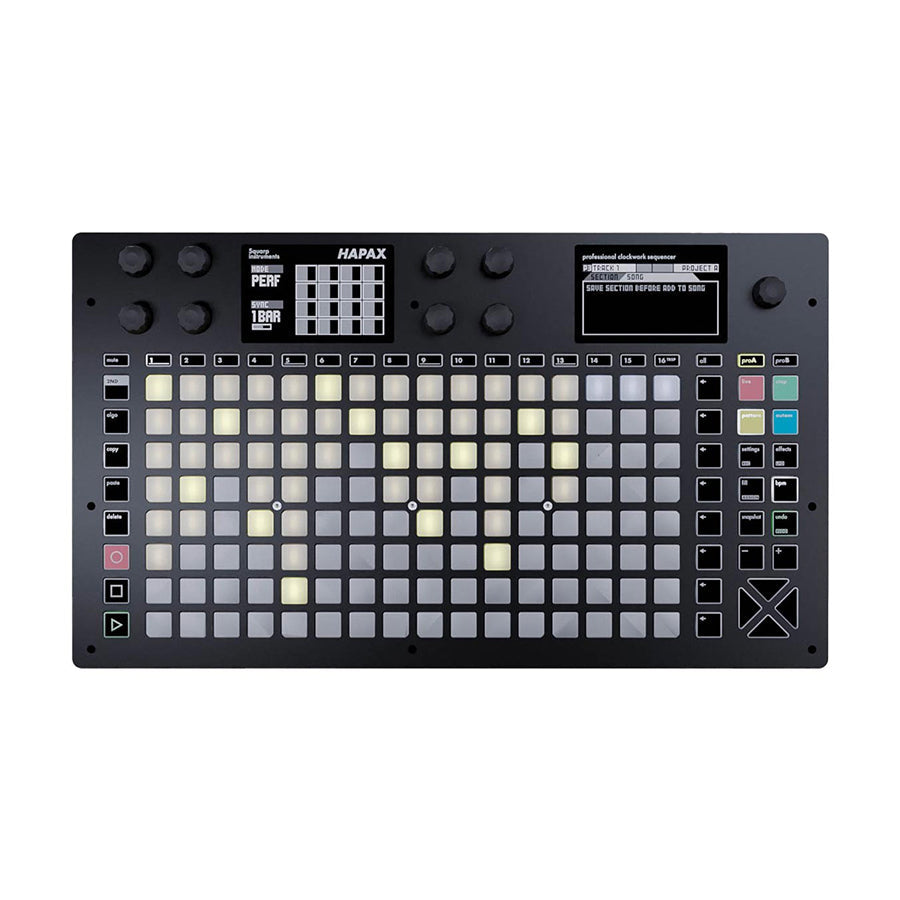 Black music sequencer with multiple backlit pads, knobs, buttons, and two displays showing sequencing information.