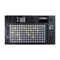 Black music sequencer with multiple backlit pads, knobs, buttons, and two displays showing sequencing information.