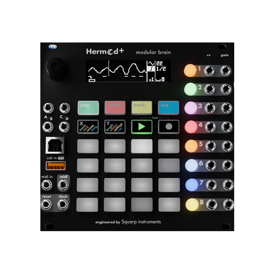 Top view of a black modular synthesizer module with buttons, pads, rotary knob, jacks, and a small screen showing a waveform.