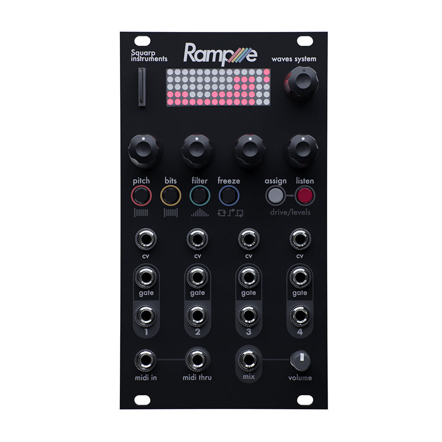 Black module with knobs, buttons, LED grid, and multiple CV, gate, and MIDI ports