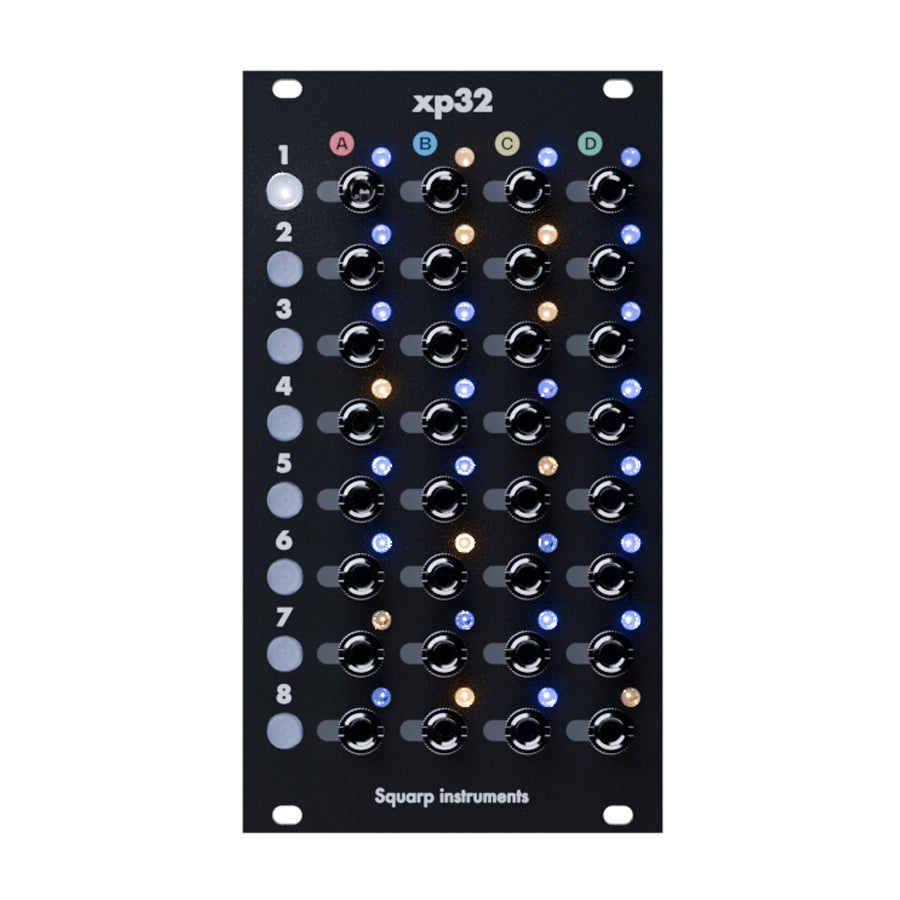 Black module with multiple black rotary knobs, colored lights, and labeled rows and columns from Squarp instruments.