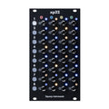 Black module with multiple black rotary knobs, colored lights, and labeled rows and columns from Squarp instruments.