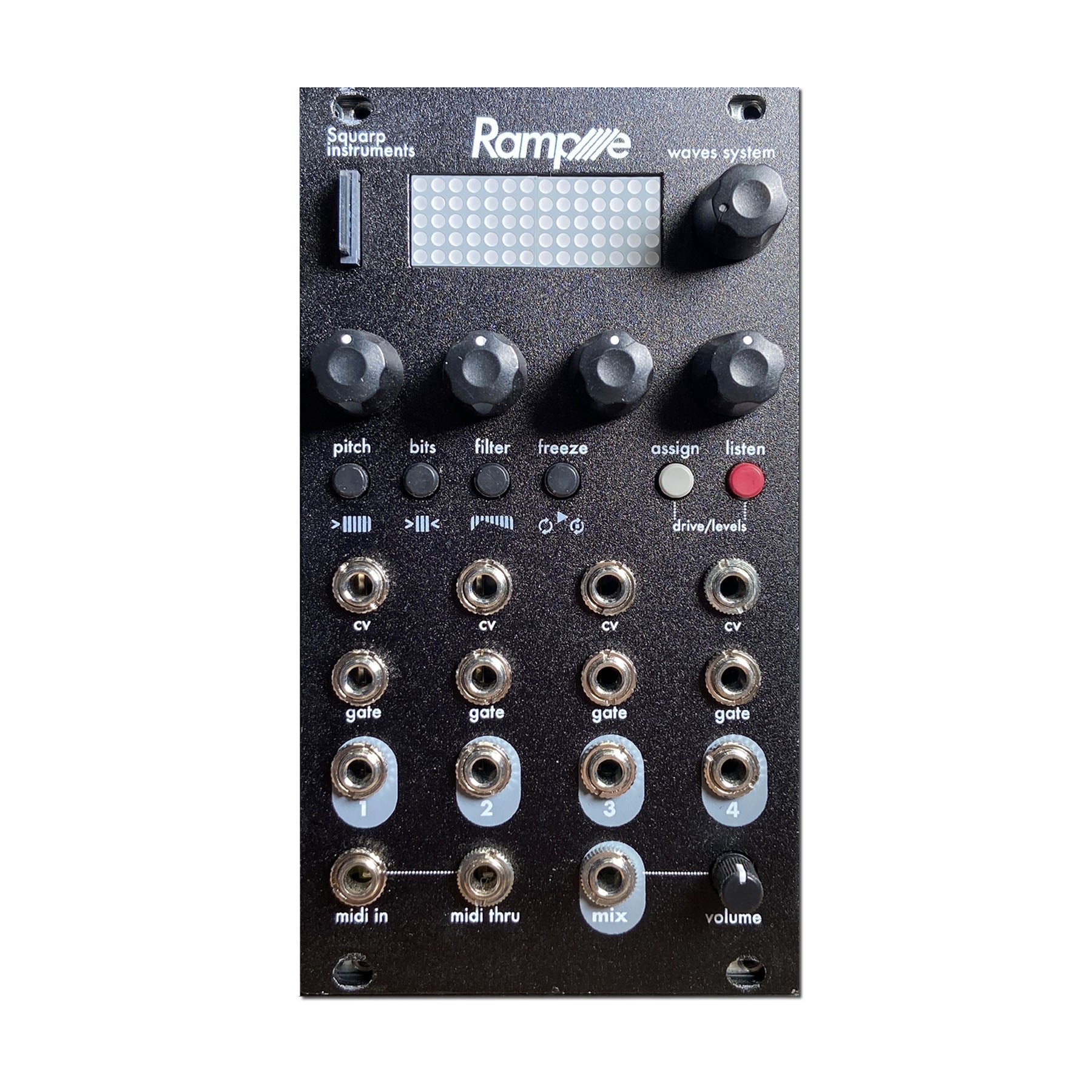 Black eurorack module with multiple knobs, buttons, jacks, and a grid display labeled Rample by Squarp Instruments.