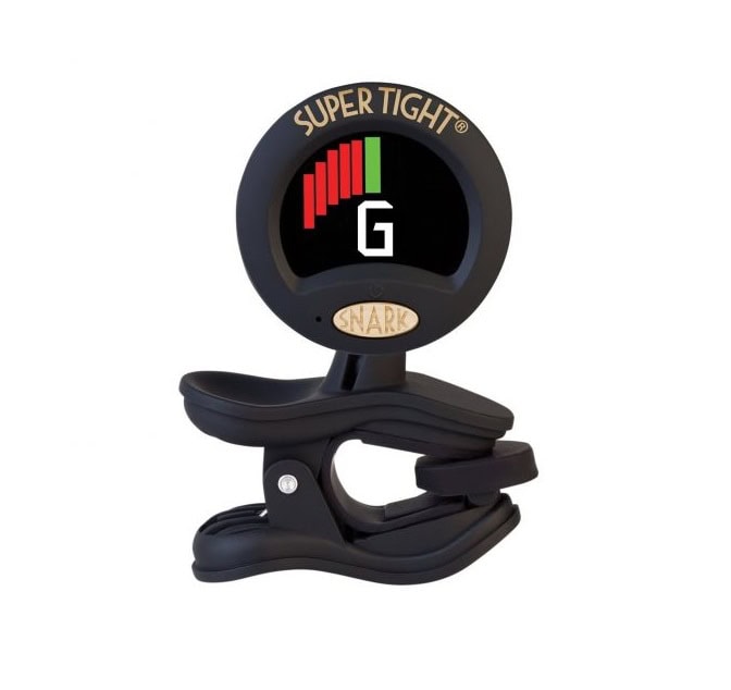 Black clip-on tuner displaying note G with a red and green LED meter on screen