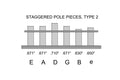 Diagram showing staggered pole pieces labeled E, A, D, G, B, e with respective height measurements in inches.