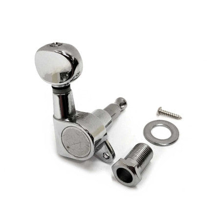 Chrome-colored tuning peg with washer, bushing, and screw laid out on white background.