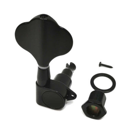 Black bass guitar tuner peg with mounting screw, washer, and bushing on a white background.