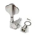 Chrome bass guitar tuning peg with mounting screw, washer, and nut on white background.