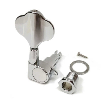 Chrome bass guitar tuning peg with mounting screw, washer, and nut on white background.