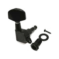 Black guitar tuning machine head with bushing, washer, and screw on a white background.