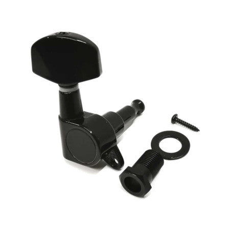Black guitar tuning machine head with bushing, washer, and screw on a white background.