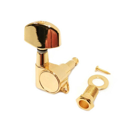 Gold-colored guitar tuning peg with mounting screw, washer, and bushing on a white background.
