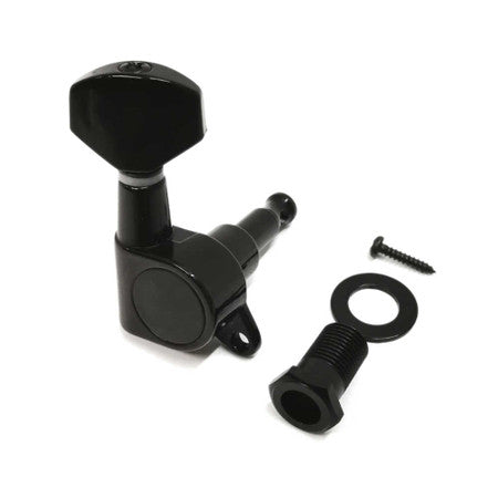 Black guitar tuner with mounting screw, washer, and bushing displayed on white background.