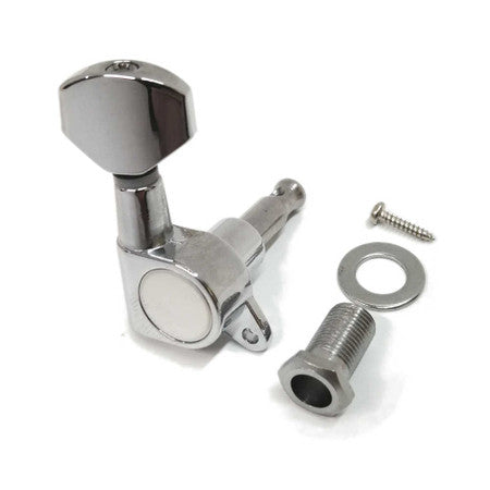 Mini chrome metal guitar tuning machine with mounting screw, washer, and bushing on white background.