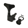Black bass guitar tuning key with mounting bushing and a mounting screw shown on a white background.