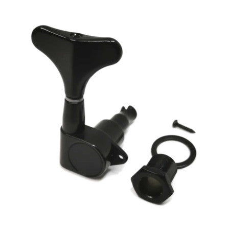 Black bass guitar tuning key with mounting bushing and a mounting screw shown on a white background.