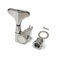 Chrome bass tuner with mounting nut, washer, and screw on white background.