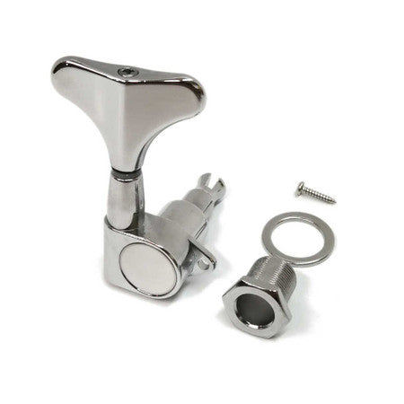 Chrome bass tuner with mounting nut, washer, and screw on white background.