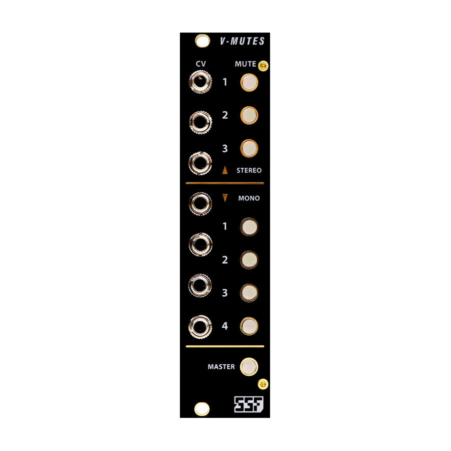 Black Eurorack module with multiple labeled 3.5mm jacks and push buttons arranged in stereo and mono sections.