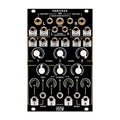 Black audio mixer panel with multiple rotary knobs and audio jacks labeled for stereo and mono mixing functions.