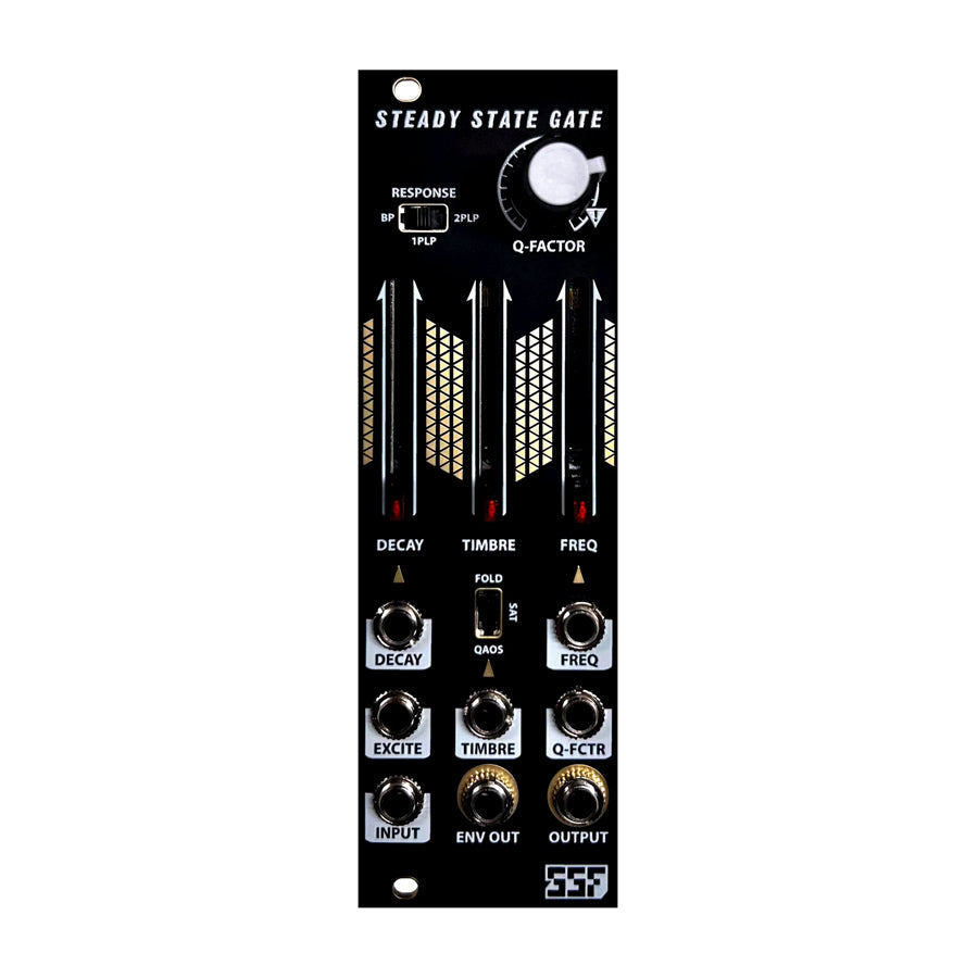 Black Eurorack module with sliders, knobs, a switch, and multiple 3.5mm jacks labeled for controlling decay, timbre, frequency, and other parameters.