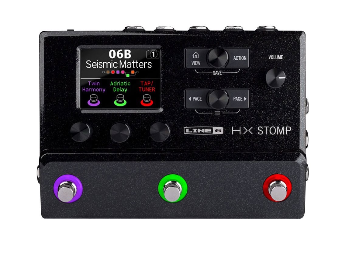 Top view of a black multi-effects pedal with color-coded footswitches and a color display screen showing effect names.