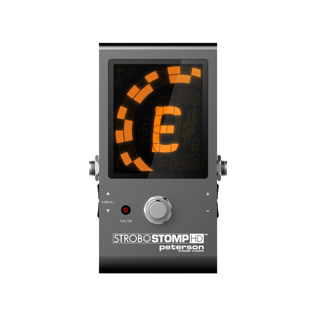 Gray pedal tuner with an orange digital display showing the note E, control knob, and menu and mute buttons.