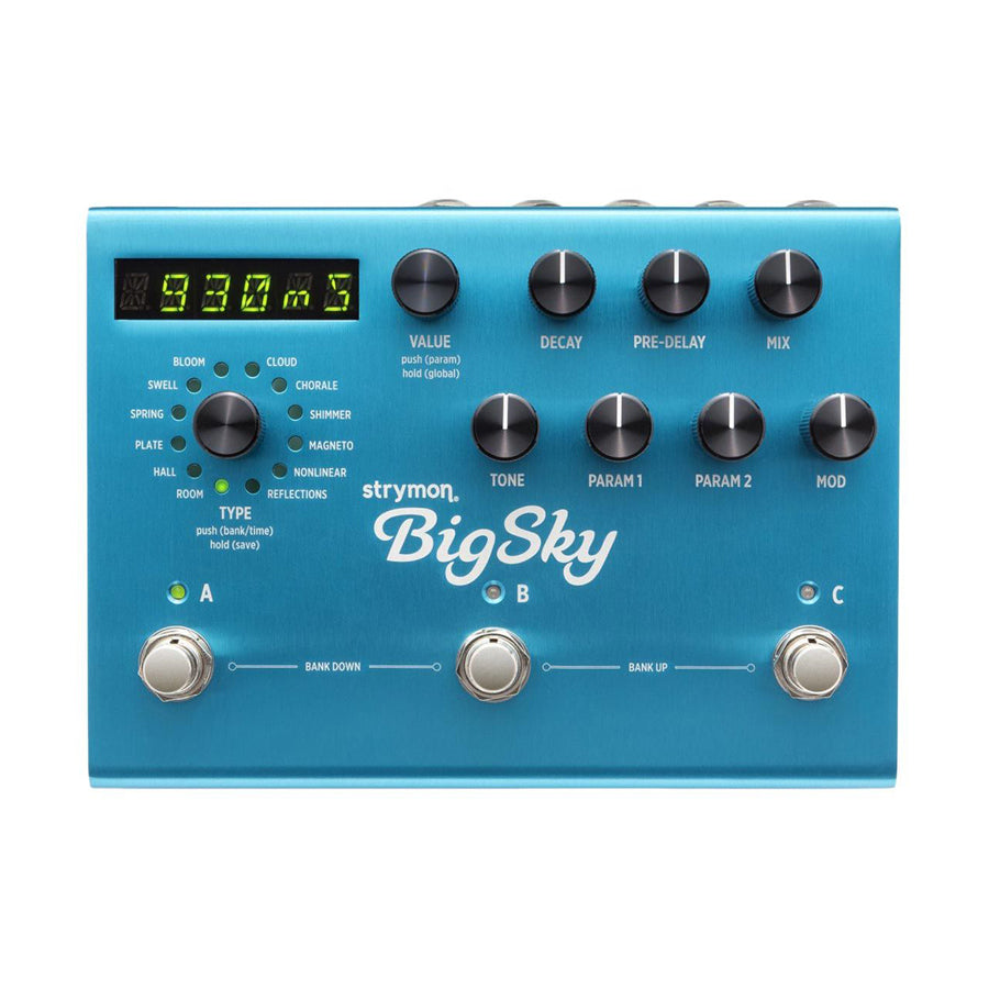 Blue guitar effects pedal with multiple knobs, LED display, and three footswitches labeled A B C.