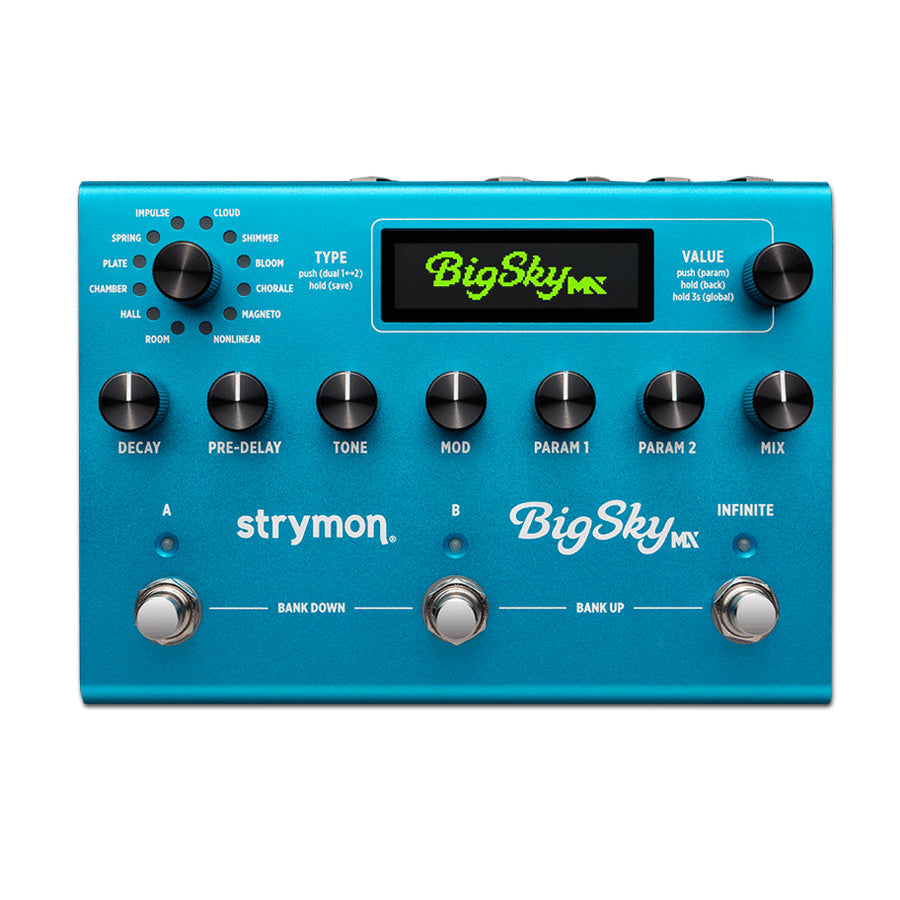 Blue Strymon BigSky MX multi-effect pedal with knobs, switches, and a digital display showing its name.