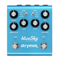 Blue guitar effects pedal with knobs, toggle switches, footswitches, and LED indicators labeled blueSky reverb by strymon.
