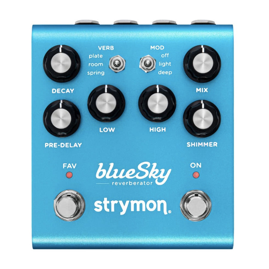 Blue guitar effects pedal with knobs, toggle switches, footswitches, and LED indicators labeled blueSky reverb by strymon.