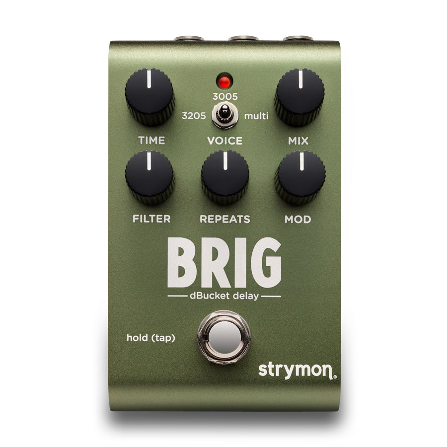 Olive green pedal with six black knobs, toggle switch, and footswitch labeled Brig dBucket delay by strymon.