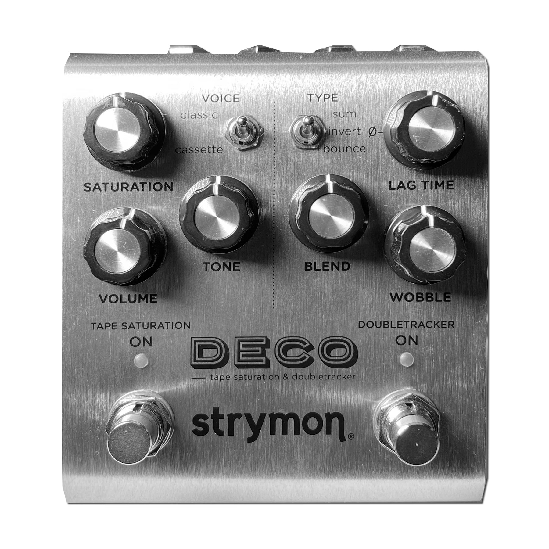 Silver metal guitar effects pedal with knobs, toggle switches, two footswitches, and text labeling various controls and functions.