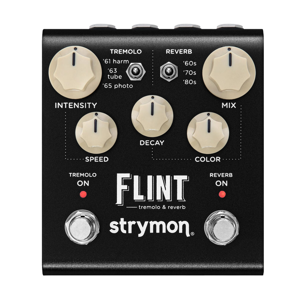 Black rectangular music effects pedal with cream knobs, toggle switches, footswitches, and labeled controls for tremolo and reverb.