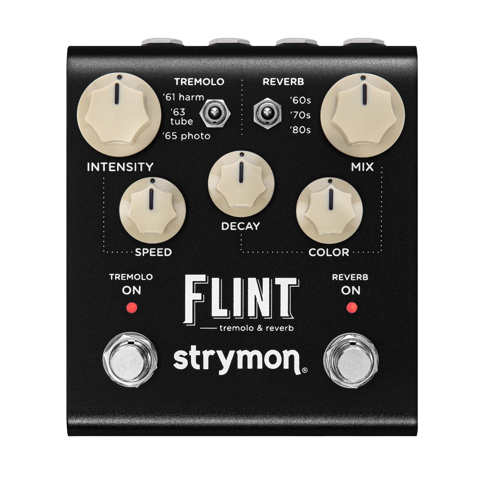 Black rectangular music effects pedal with cream knobs, toggle switches, footswitches, and labeled controls for tremolo and reverb.