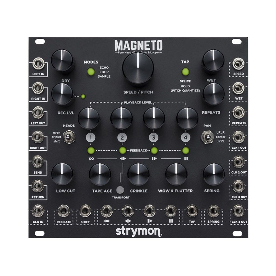 Black Strymon Magneto audio module with multiple knobs, toggle switches, and jack connectors.