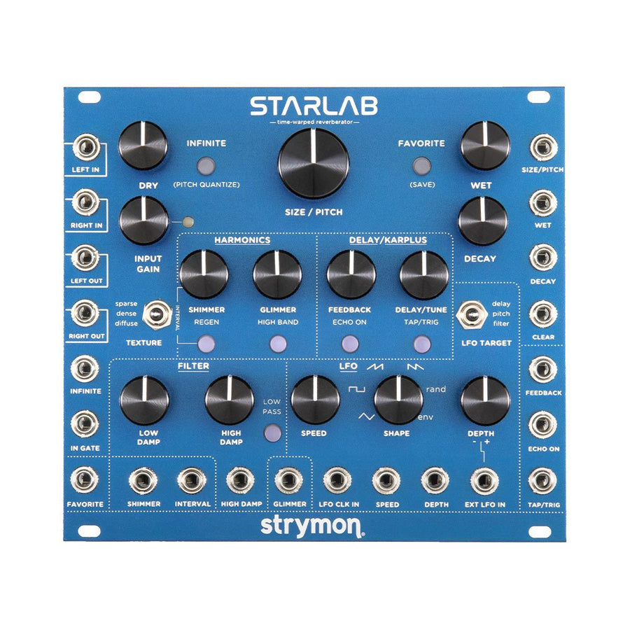 Blue Strymon Starlab Eurorack module with multiple knobs, switches, and 3.5mm audio jacks on front panel.