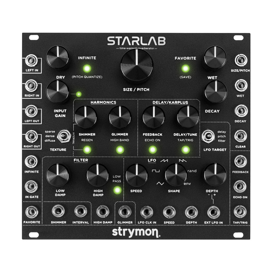 Front panel of a black Strymon StarLab eurorack module with knobs, switches, and multiple 3.5mm jacks.