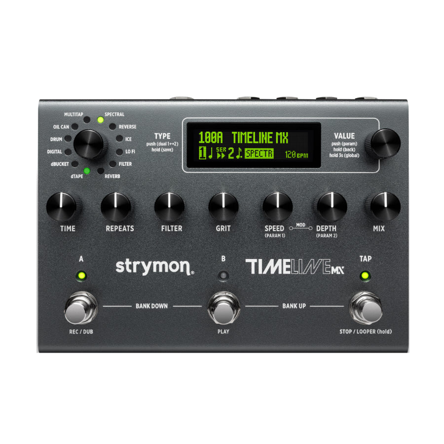 Black Strymon TimeLine MX delay effects pedal with knobs, footswitches, and a digital display showing settings.