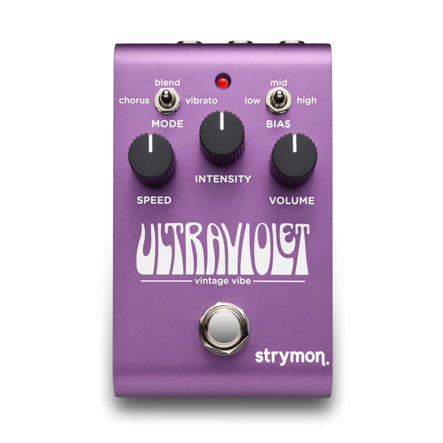 Purple guitar effects pedal with three knobs, two toggle switches, a footswitch, and labeled Ultraviolet vintage vibe.