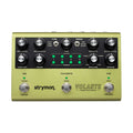 Top view of a green Strymon Volante delay pedal showing control knobs, switches, LEDs, and footswitches.
