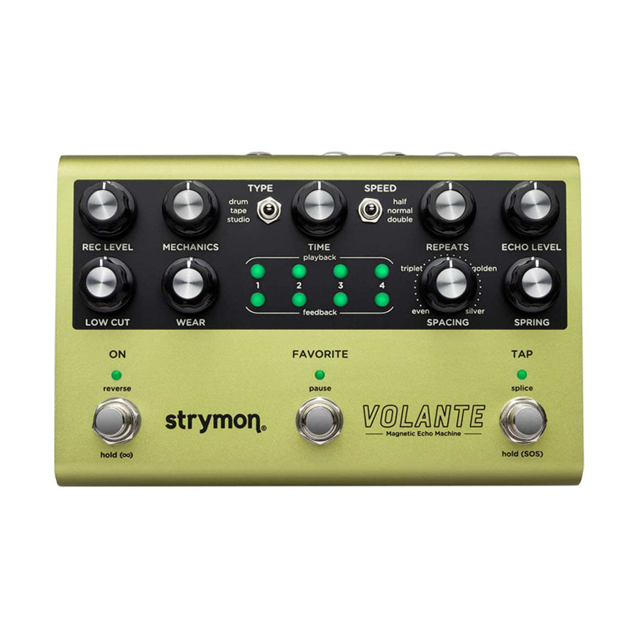Top view of a green Strymon Volante delay pedal showing control knobs, switches, LEDs, and footswitches.